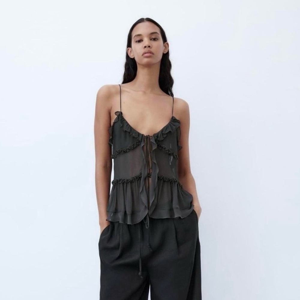 Zara Black Ruffled Tie Up Tank